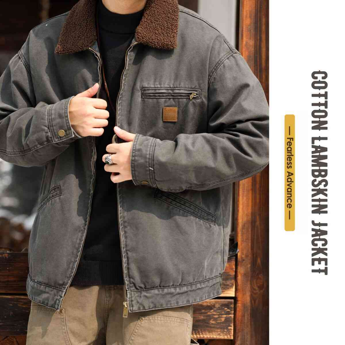 美式重磅羊羔絨夾克男寬鬆抗寒保暖底特律硬漢工裝外套