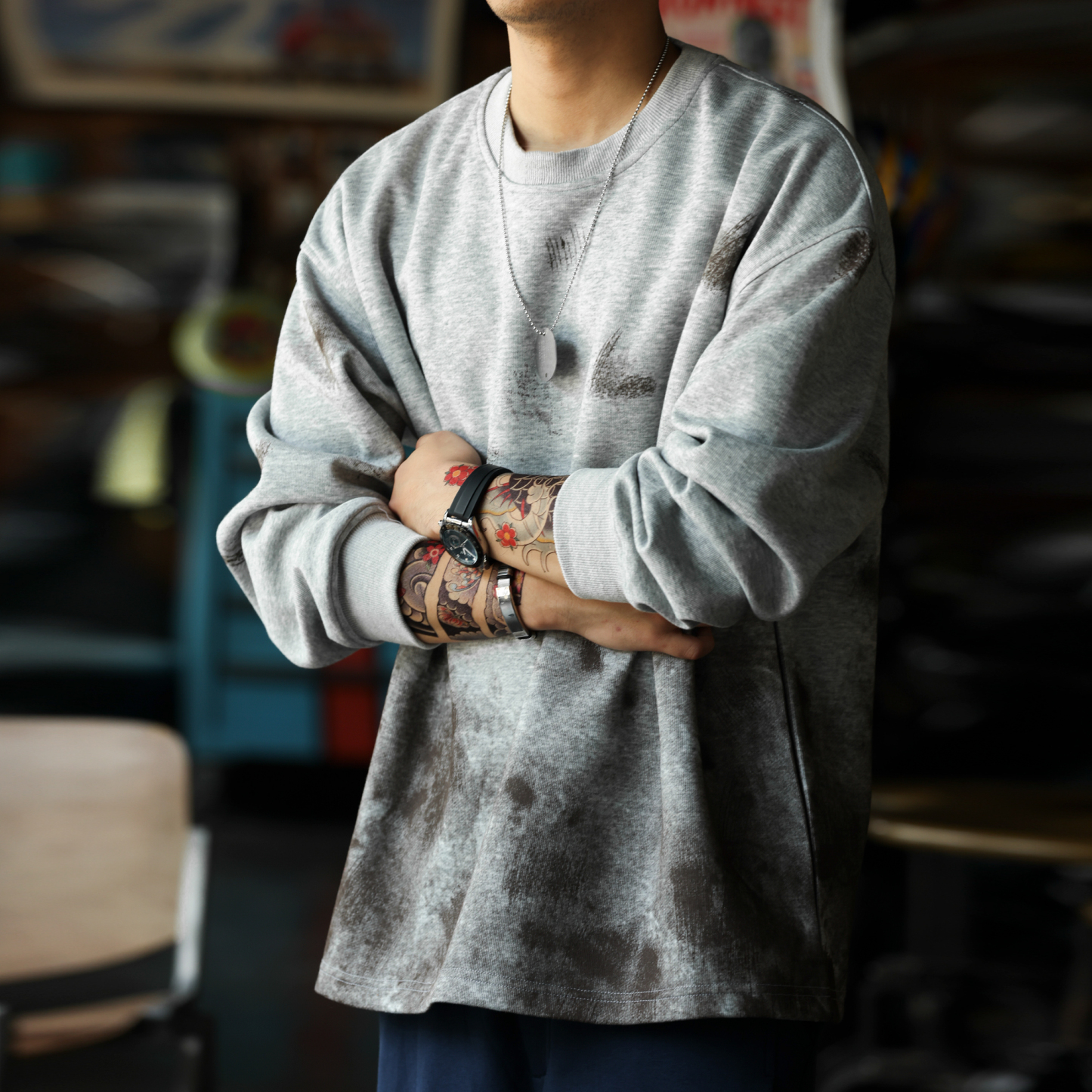 美式復古手工潑墨圓領衛衣男320g做舊斑駁感疊穿上衣秋