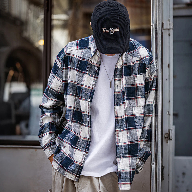 MRA日系撞色藍白條紋長袖襯衫cozyfit鬆弛風大格子外套潮早秋