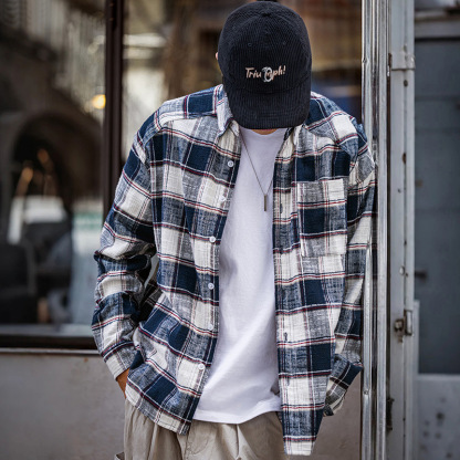 MRA日系撞色藍白條紋長袖襯衫cozyfit鬆弛風大格子外套潮早秋