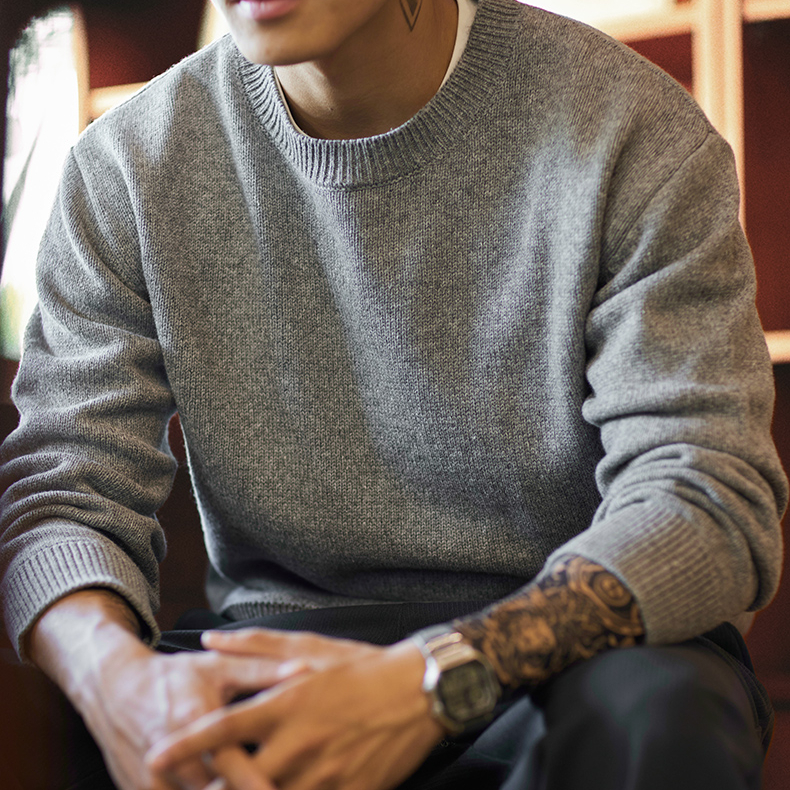 2025冬季新款羊毛混紡圓領毛衣男寬鬆加厚保暖慵懶內搭打底針織衫