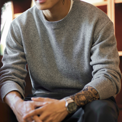 2025冬季新款羊毛混紡圓領毛衣男寬鬆加厚保暖慵懶內搭打底針織衫