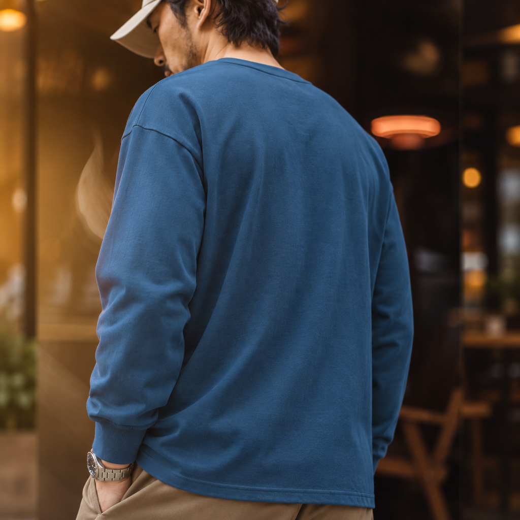 美式復古銀色三線貼袋圓領衛衣落肩寬鬆棉質長袖上衣男款