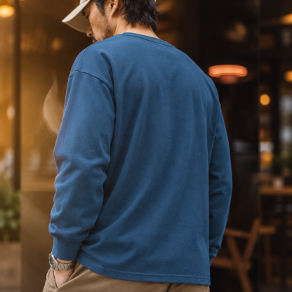美式復古銀色三線貼袋圓領衛衣落肩寬鬆棉質長袖上衣男款