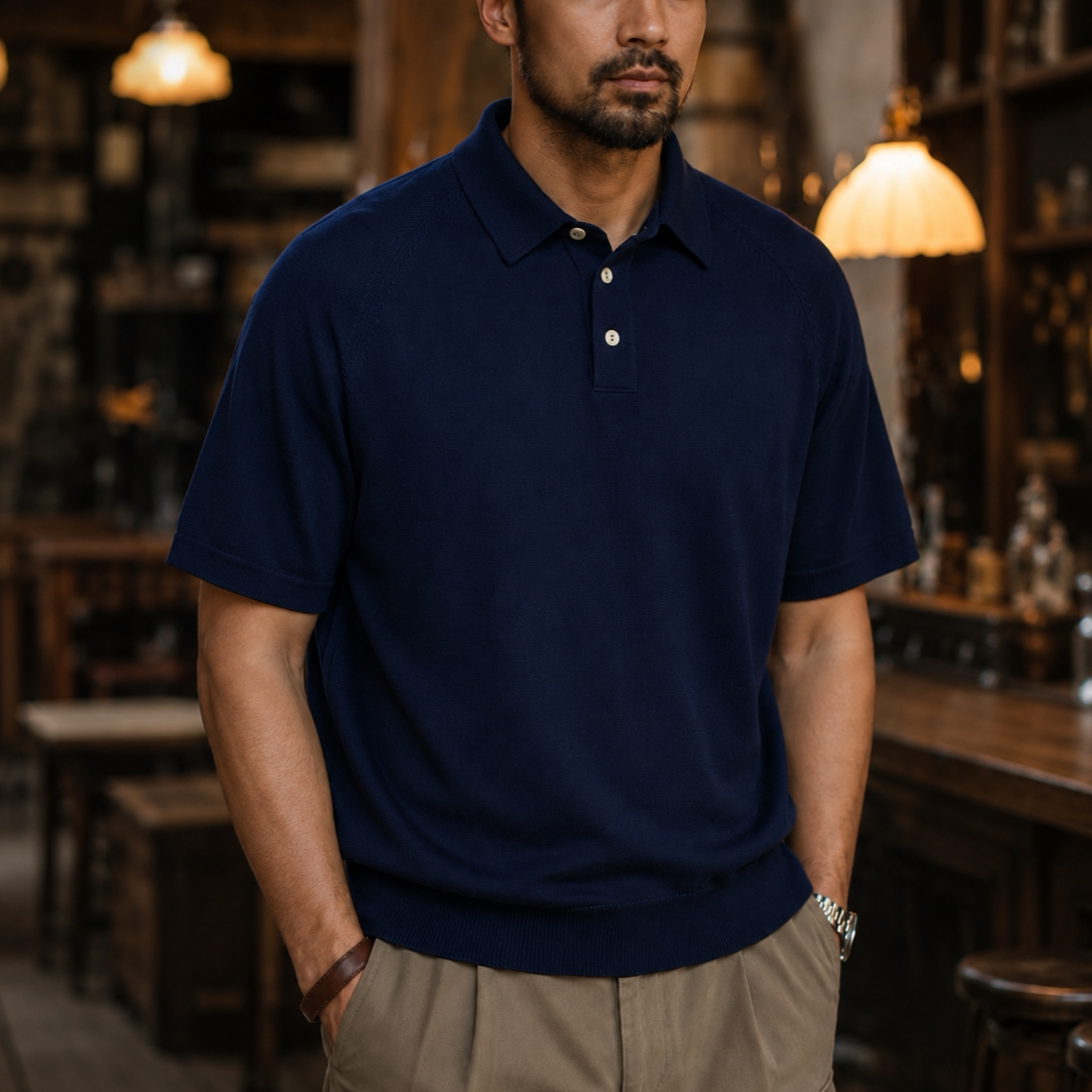 阿美哢嘰意式馬球針織衫男士純色束腰翻領短袖POLO衫