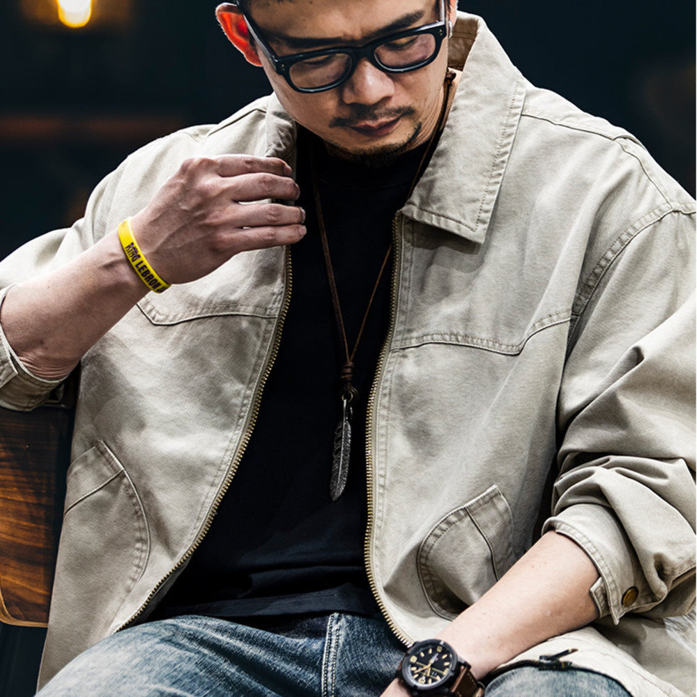 30g純棉重磅帆布復古夾克男春季2025新款美式做舊翻領機車外套男