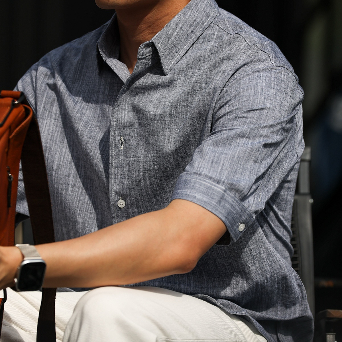 美式復古160g竹節麻感中袖襯衣男抗皺免燙休閒短袖襯衫