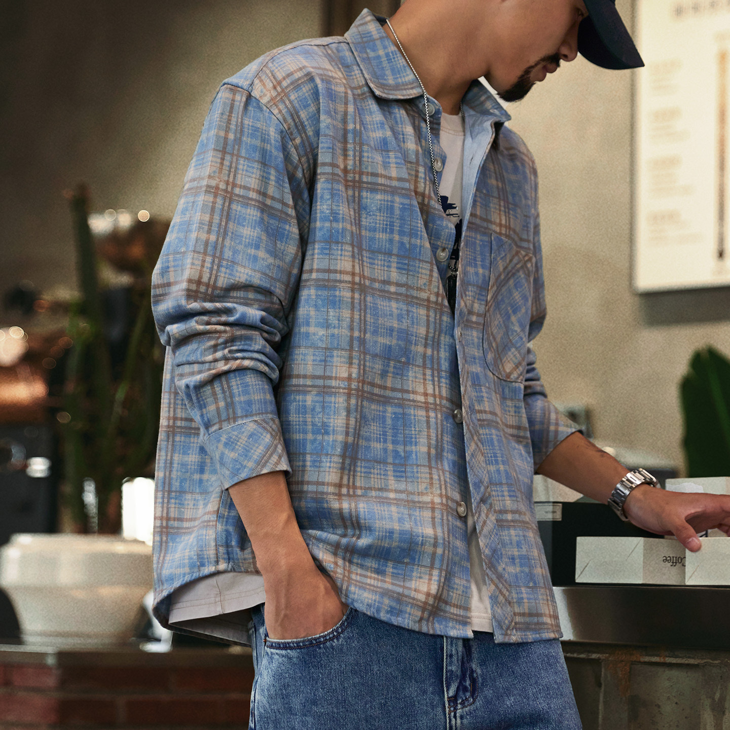 萊賽爾天絲美式復古格子長袖襯衫男2025秋季新款寬鬆翻領襯衣外套