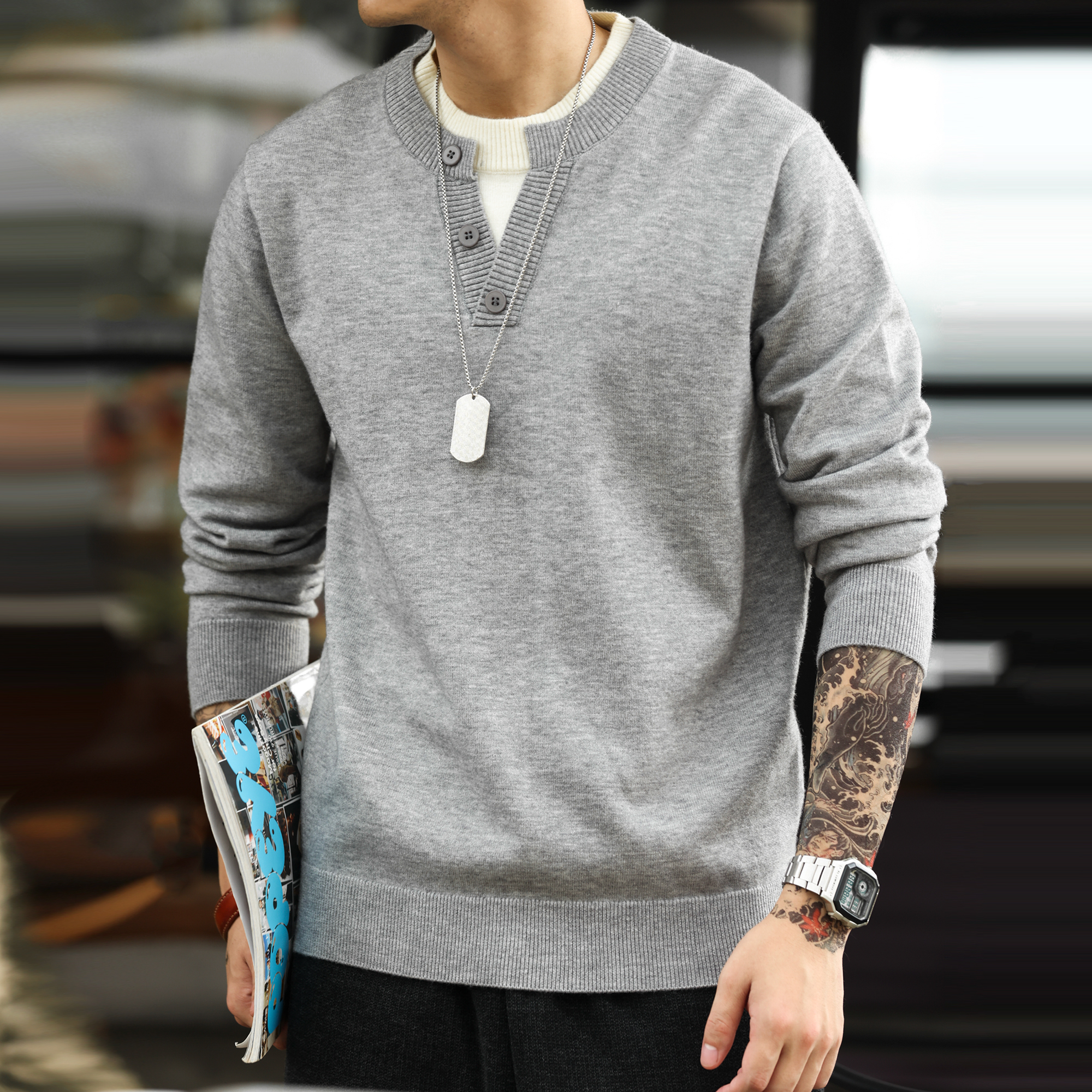 美式休閒假兩件拼接V領針織衫男羊毛絨老錢風抗起球毛衣