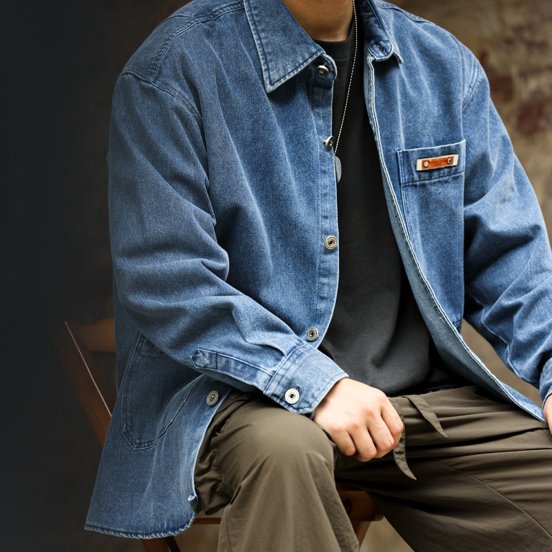 美式工裝長袖牛仔襯衫男寬鬆翻領百搭古著感休閒襯衣外套秋-Retro's Wear