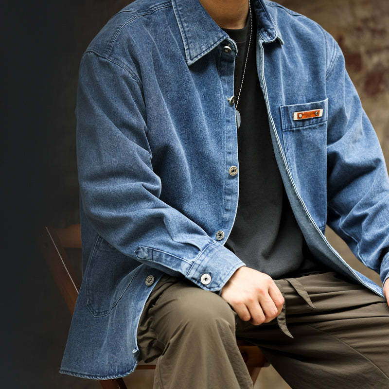 美式工裝長袖牛仔襯衫男寬鬆翻領百搭古著感休閒襯衣外套秋-Retro's Wear