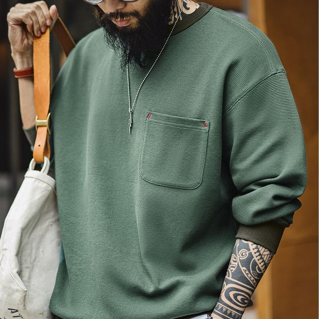美式休閒華夫格口袋T恤圓領套頭衛衣寬鬆長袖上衣男春季