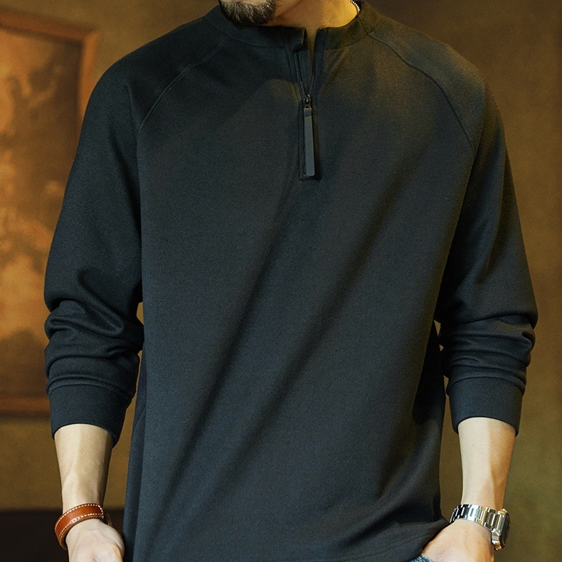 美式復古黑色半拉鍊長袖t恤男2025秋季新款插肩袖打底衫內搭上衣