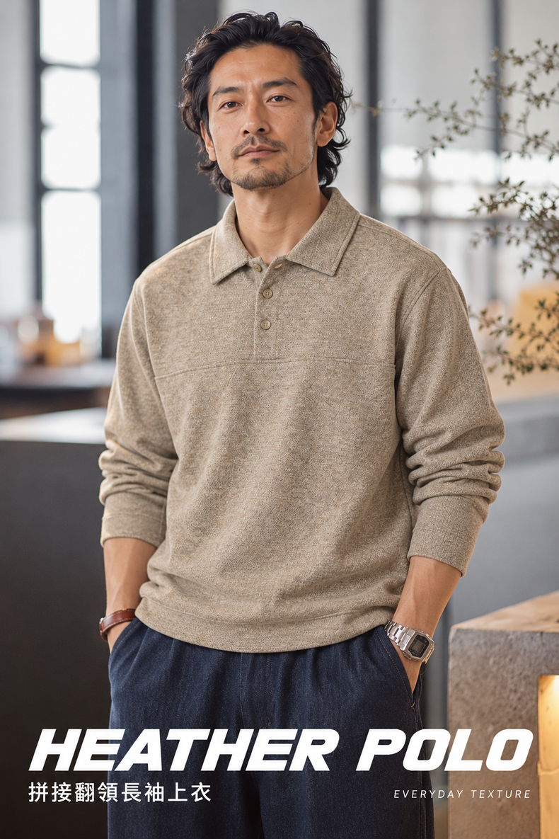 復古麻感拼接翻領長袖上衣 · 02-hero