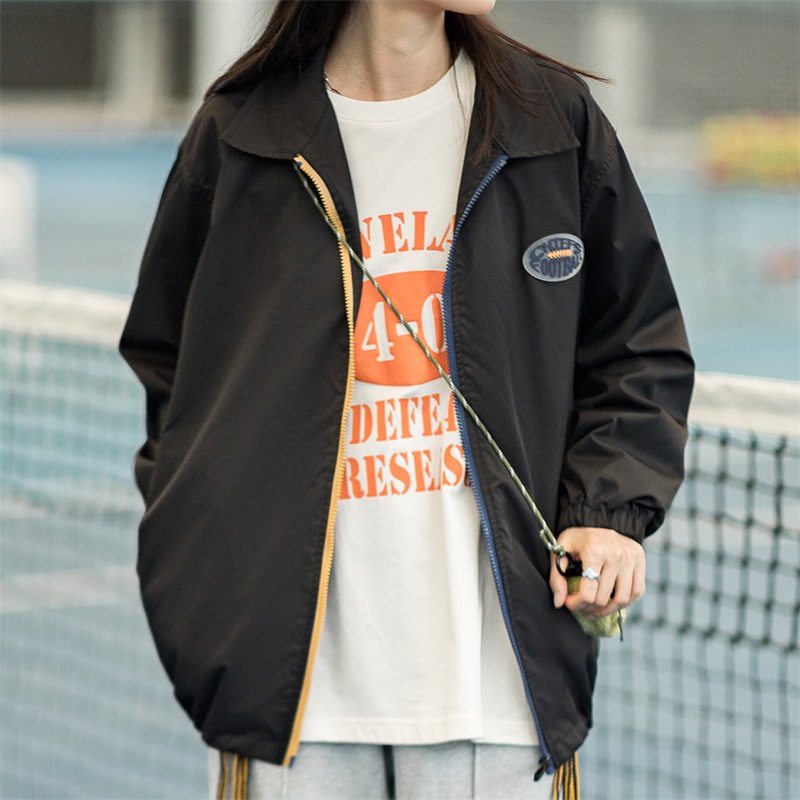 马登女装 美式复古教练夹克外套撞色拉链棒球服翻领上衣-Retro's Wear