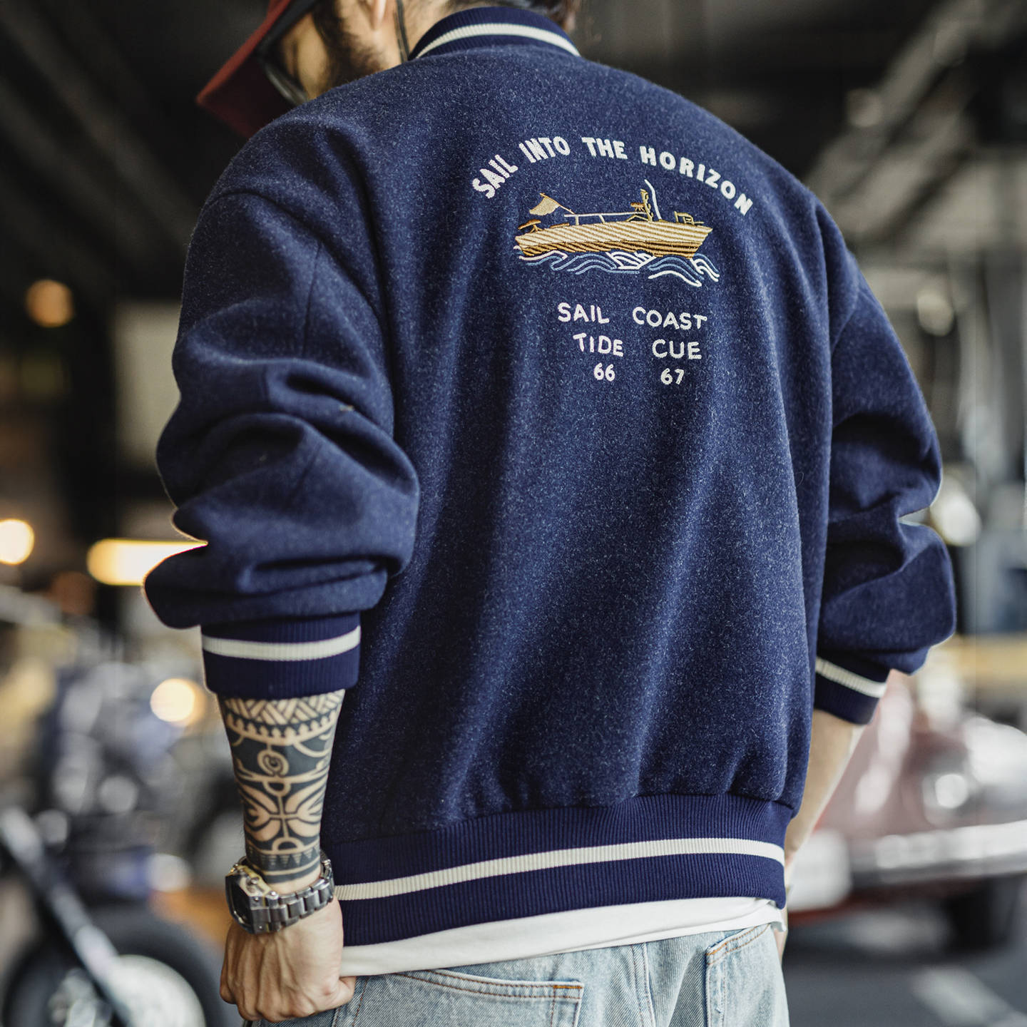 美式復古藍色針織棒球服夾克痞帥刺繡撞色短款外套男士秋