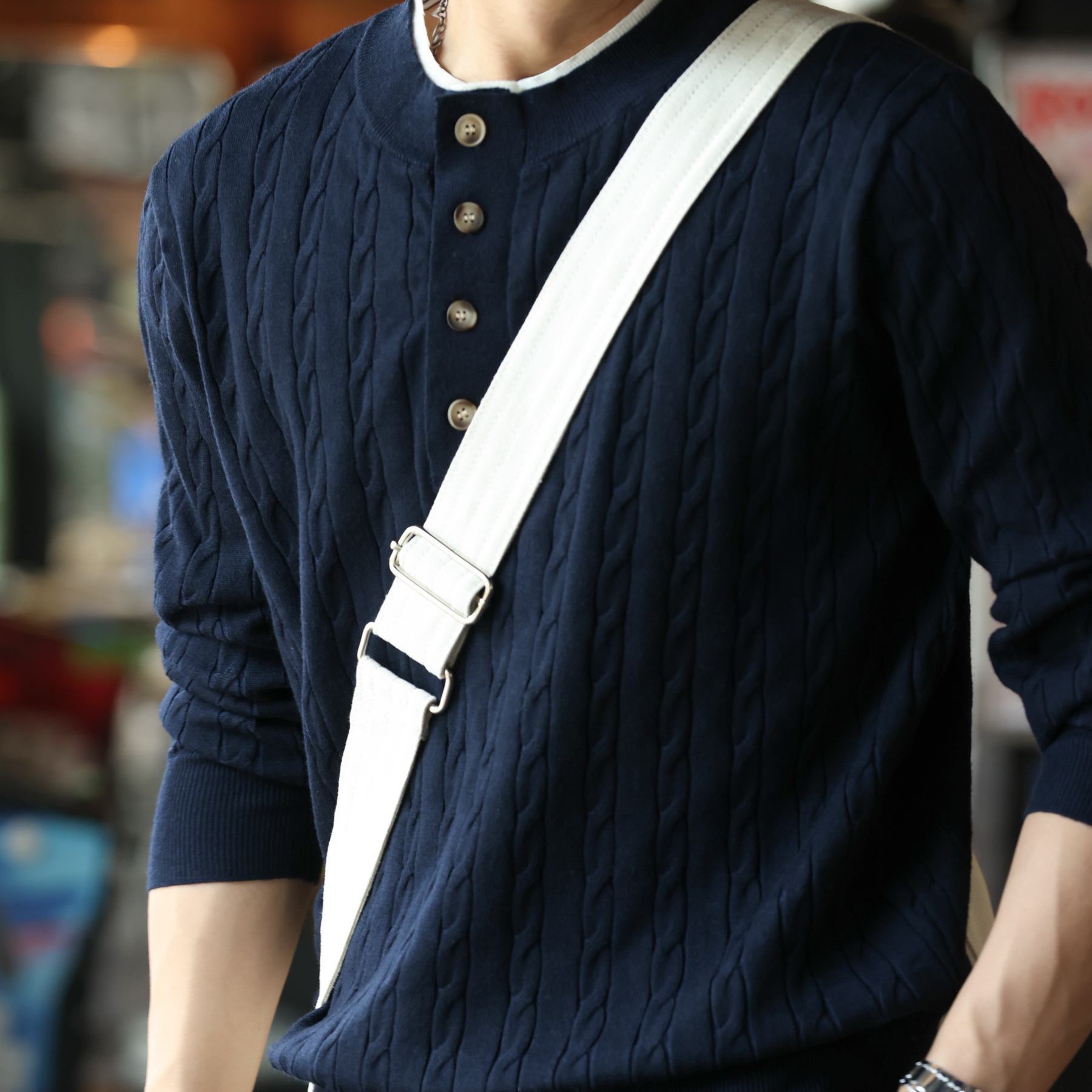 美式休閒假兩件亨利領毛衣男12針麻花紋理羊毛混紡針織衫