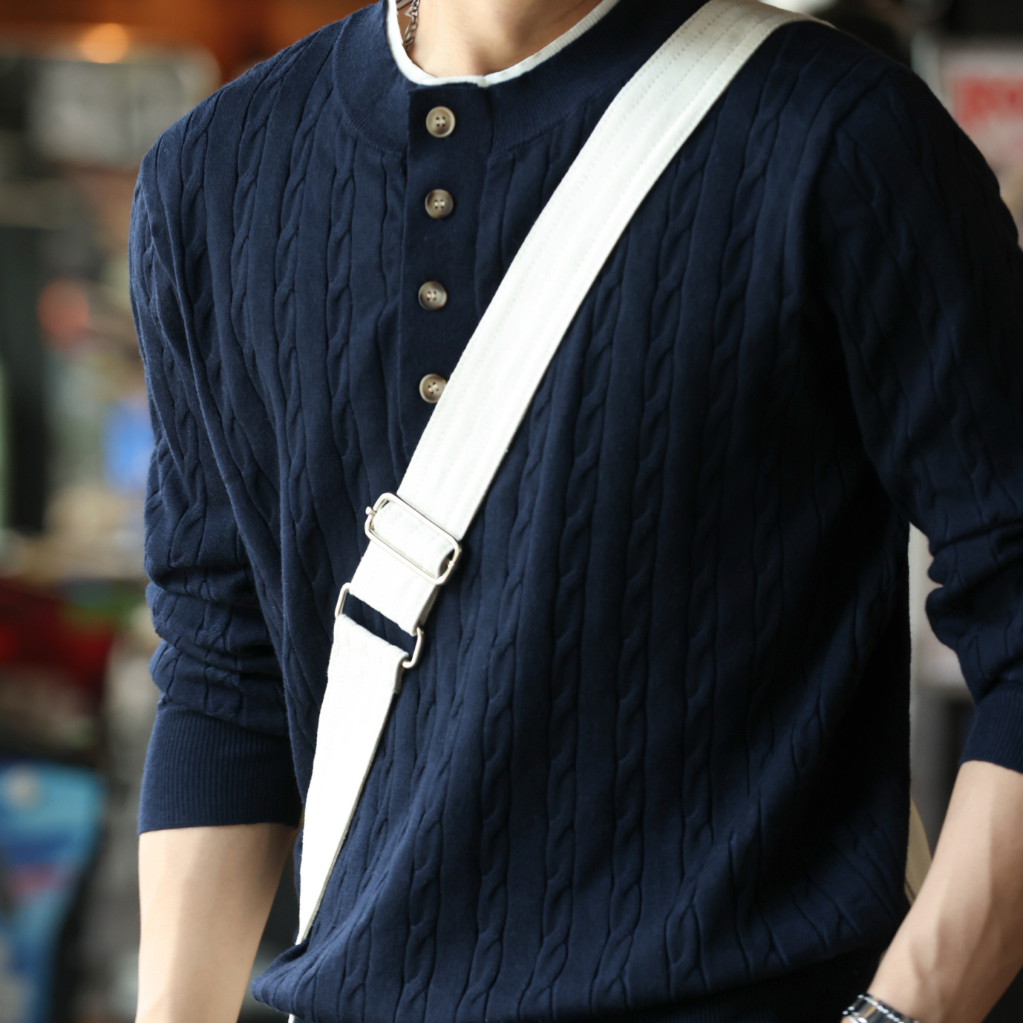 美式休閒假兩件亨利領毛衣男12針麻花紋理羊毛混紡針織衫