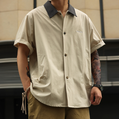 美式巴恩風涼感速幹短袖襯衣男薄款復古疊穿襯衫外套夏