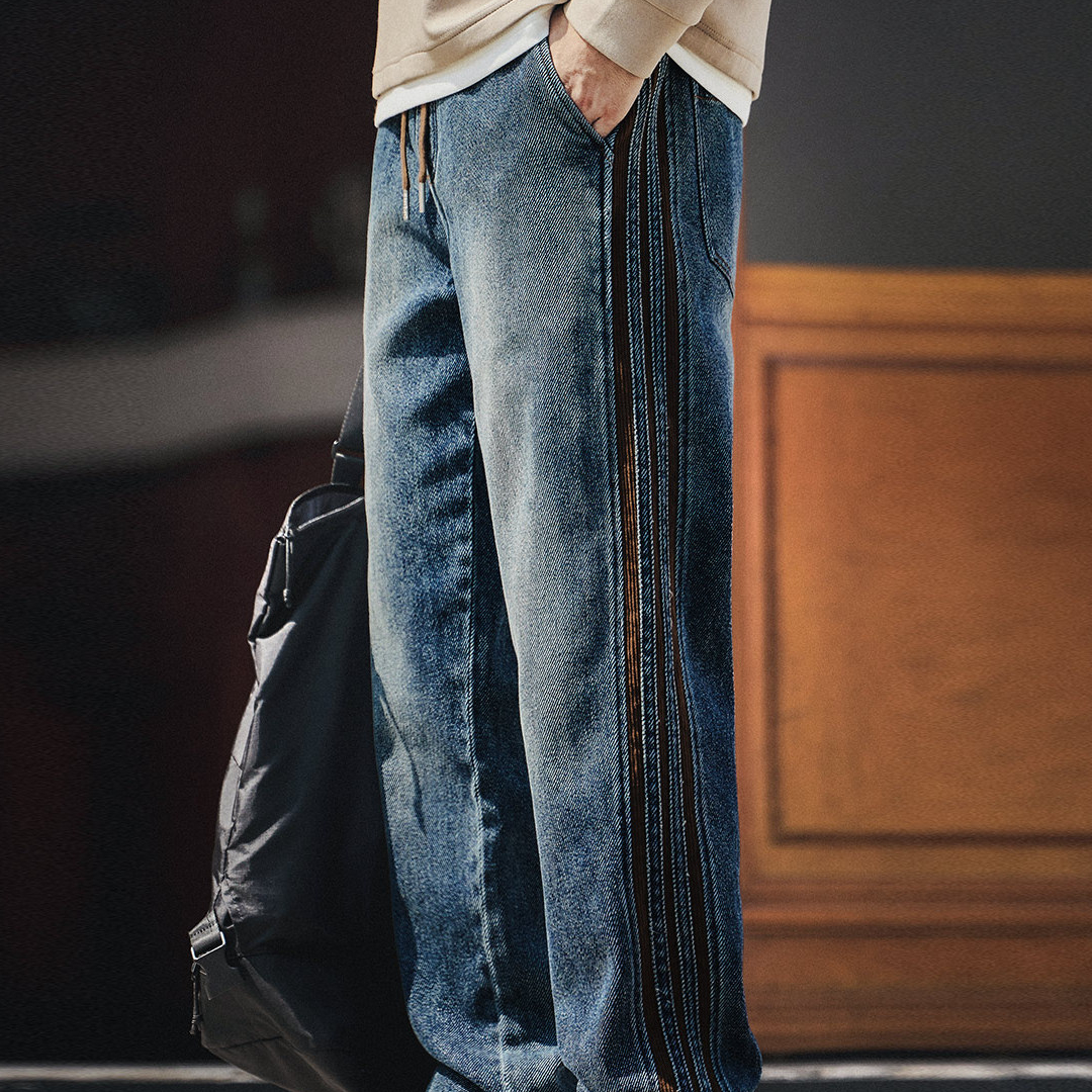 美式復古三條杠燈芯絨拼接牛仔褲男秋冬款休閒寬鬆直筒長褲