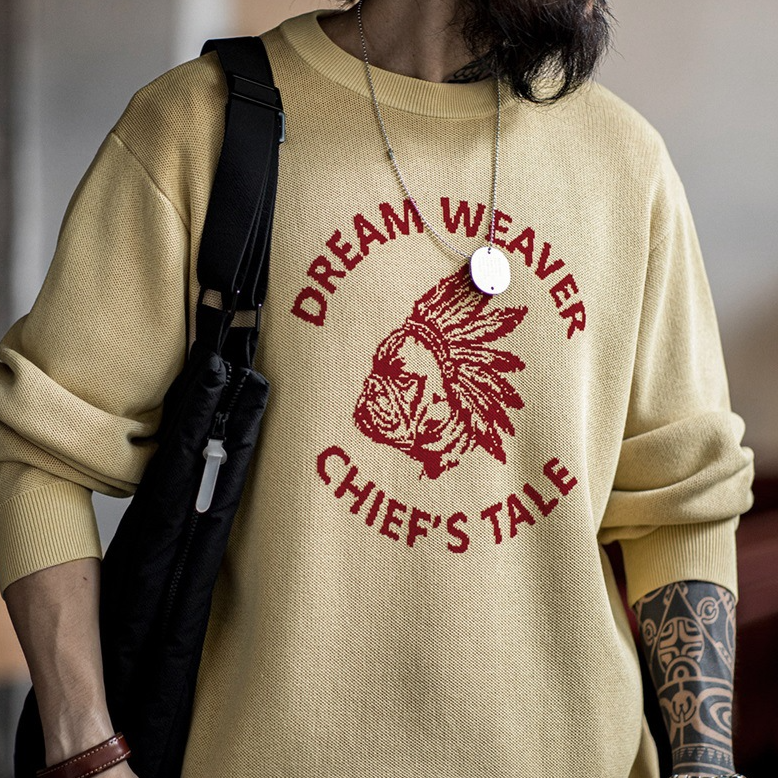 美式復古仿亞麻字母撞色毛衣阿美哢嘰套頭圓領針織衫男秋-Retro's Wear