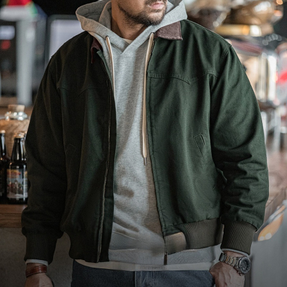 美式復古重磅聖達菲帆布夾克水洗純棉翻領短款外套男秋季-Retro's Wear