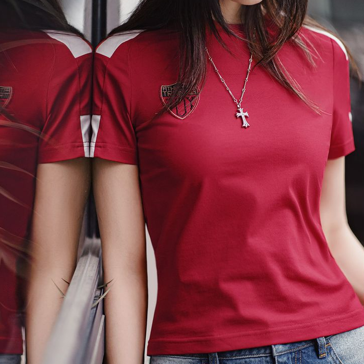 勃艮第紅美式復古運動短袖球衣休閒通勤修身足球寶貝上衣夏女