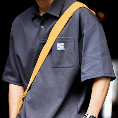日系痞帥短袖POLO衫男士口袋貼標翻領美式復古重磅保羅T恤夏-Retro's Wear