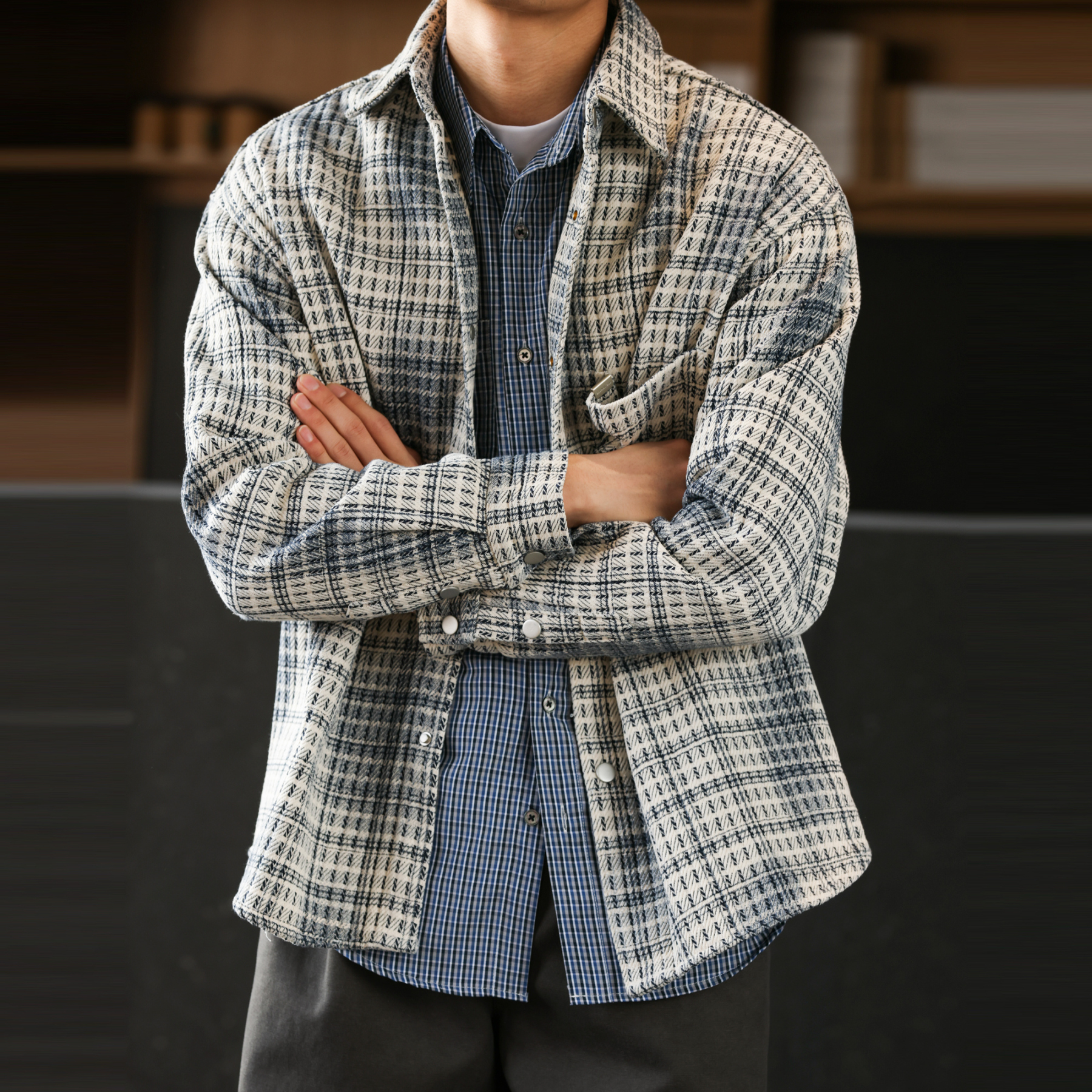 美式復古雙色格紋襯衣夾克男廊型加厚重磅休閒襯衫外套