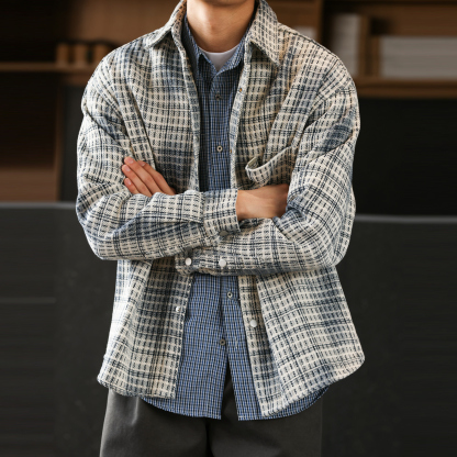 美式復古雙色格紋襯衣夾克男廊型加厚重磅休閒襯衫外套