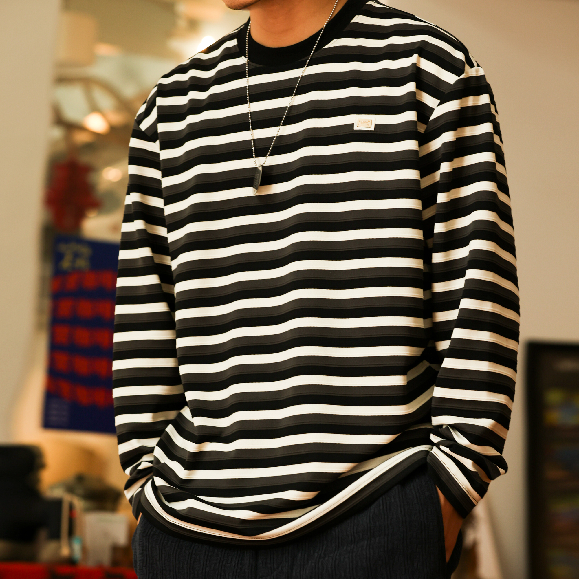 美式復古凹凸立體肌理長袖T恤男280g撞色條紋針織TEE秋