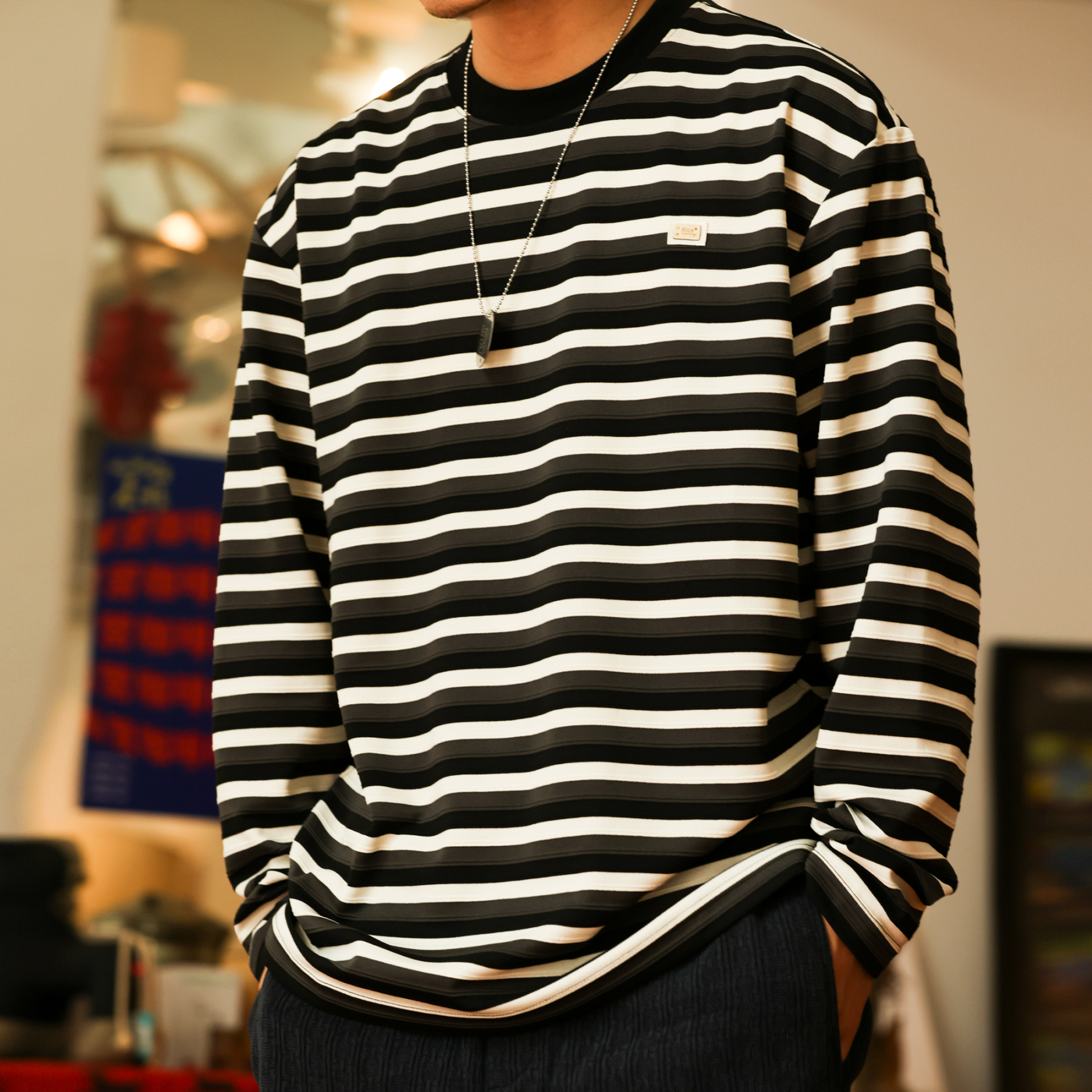 美式復古凹凸立體肌理長袖T恤男280g撞色條紋針織TEE秋