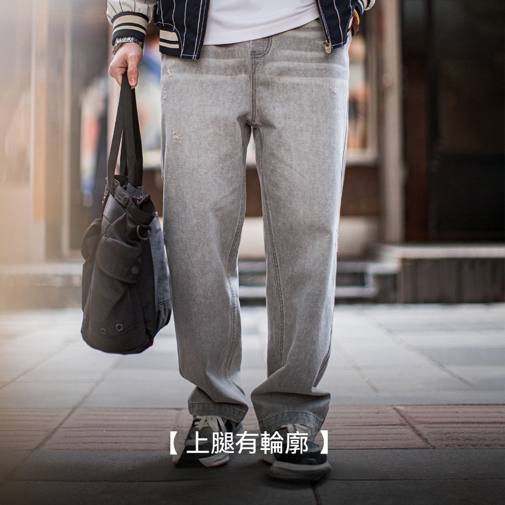 美式復古水洗做舊格雷系灰牛仔褲破洞猫須伐木直筒褲男春
