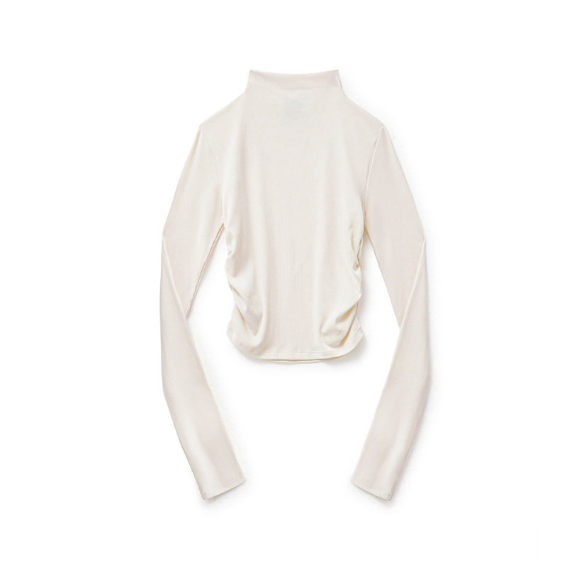 莫代爾半高領打底衫抽褶修身疊穿長袖T恤內搭外穿上衣秋季女-Retro's Wear