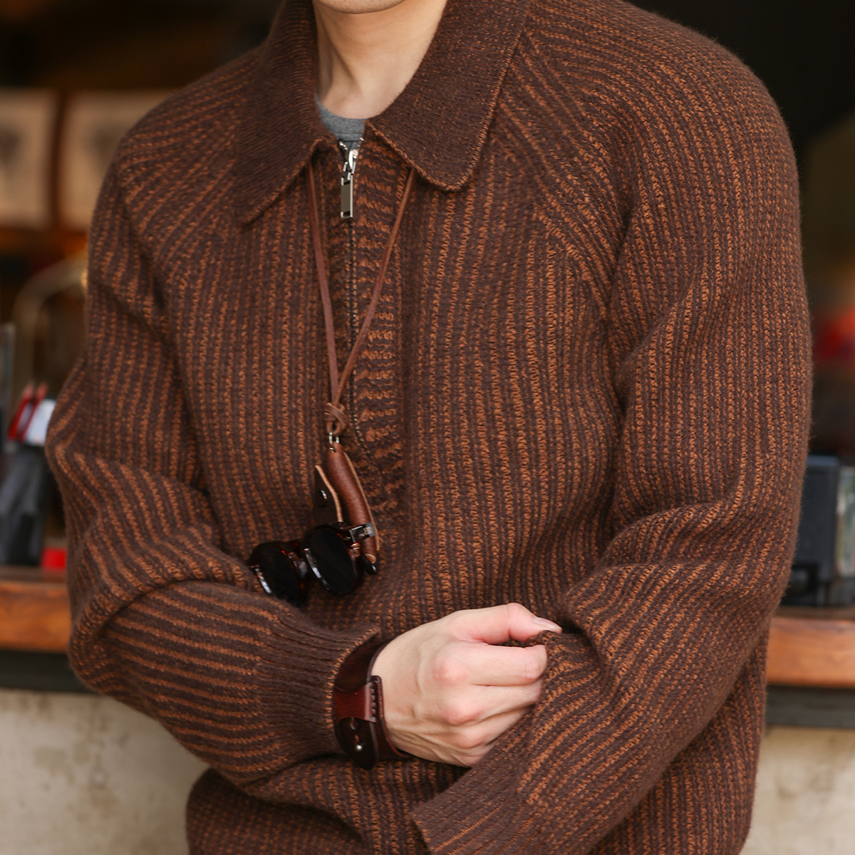 美式復古860g重磅半拉鍊翻毛衣男抗起球插肩袖POLO針織衫