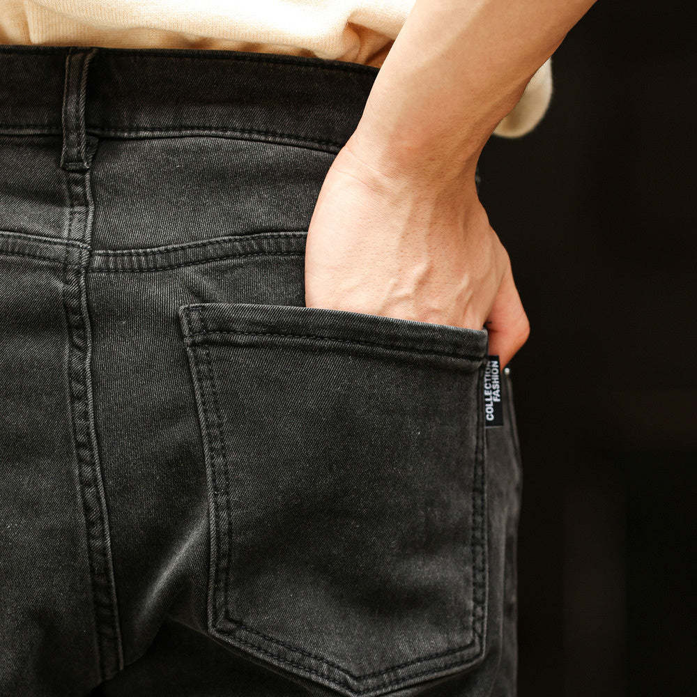 美式復古黑色牛仔褲男洗水做舊中腰窄版闊腿直筒長褲子-Retro's Wear