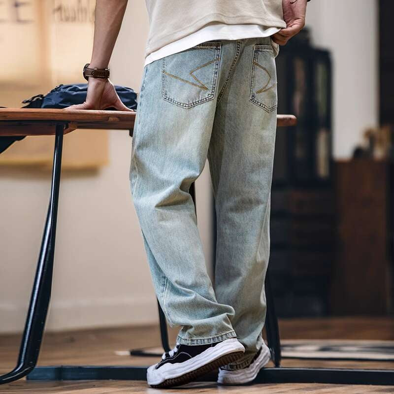 萊賽爾美式直筒牛仔褲男春夏2025新款復古水洗淺藍色男士寬鬆褲子