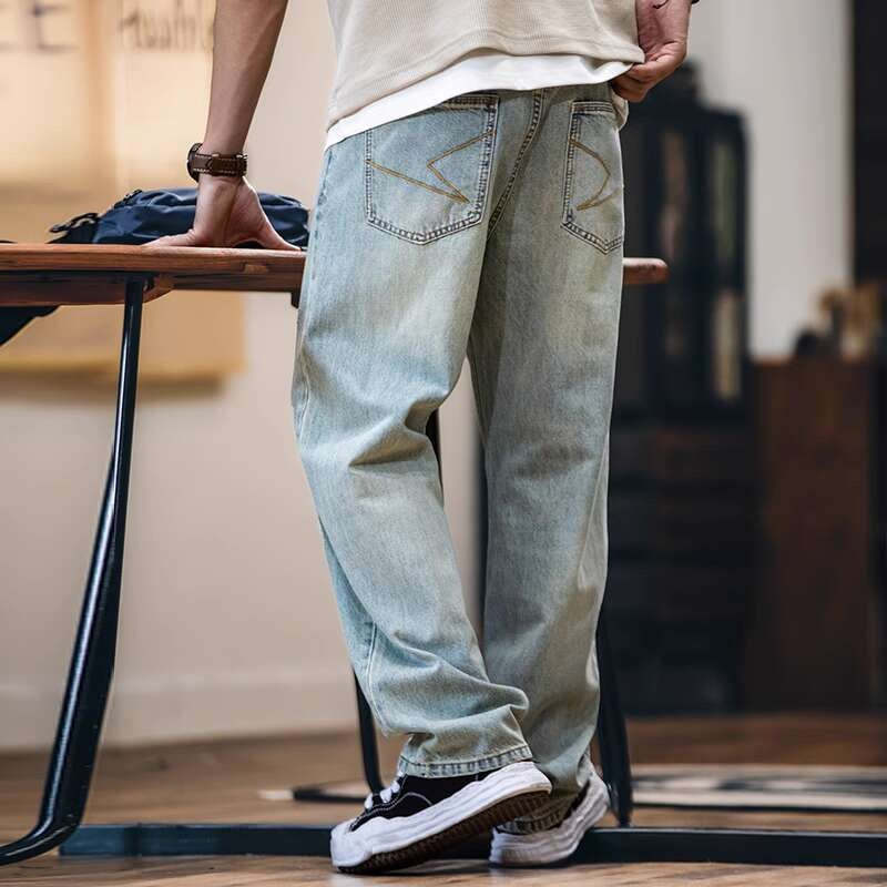 萊賽爾美式直筒牛仔褲男春夏2025新款復古水洗淺藍色男士寬鬆褲子