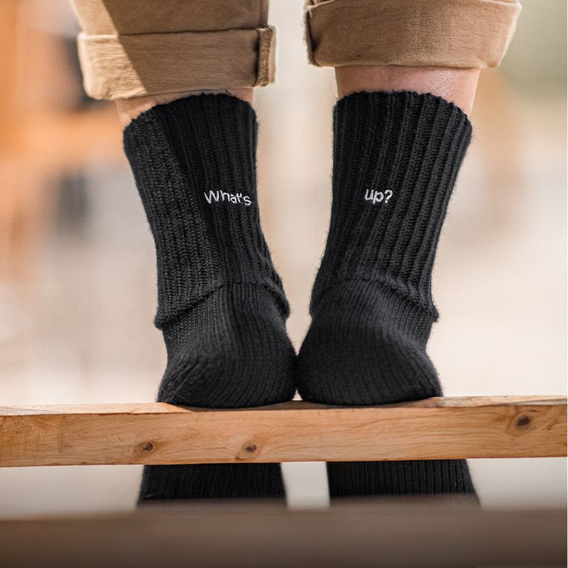 復古粗線刺繡針織中筒襪黑色運動透氣精梳棉長襪子男女秋-Retro's Wear