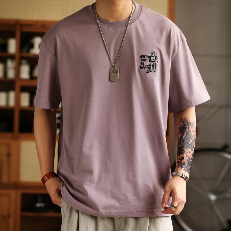 日系釣魚印花刺繡短袖T恤男士美式復古純棉休閒圓領上衣