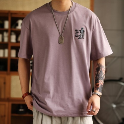 日系釣魚印花刺繡短袖T恤男士美式復古純棉休閒圓領上衣
