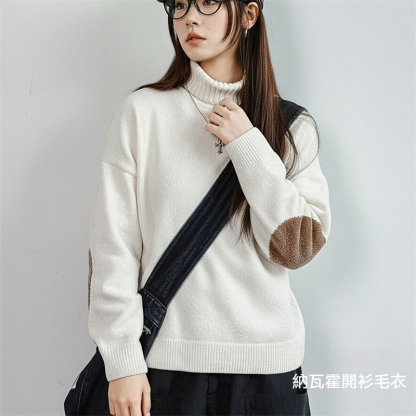 復古米白色雪尼爾寬鬆高領加厚保暖針織毛衣內搭上衣秋冬女