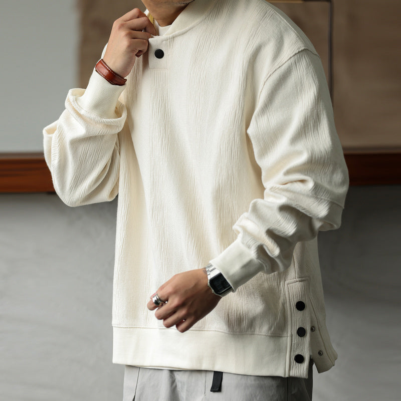 美式休閒重磅提花紋理衛衣男鬆弛設計感寬鬆棒球領套頭衫秋-Retro's Wear