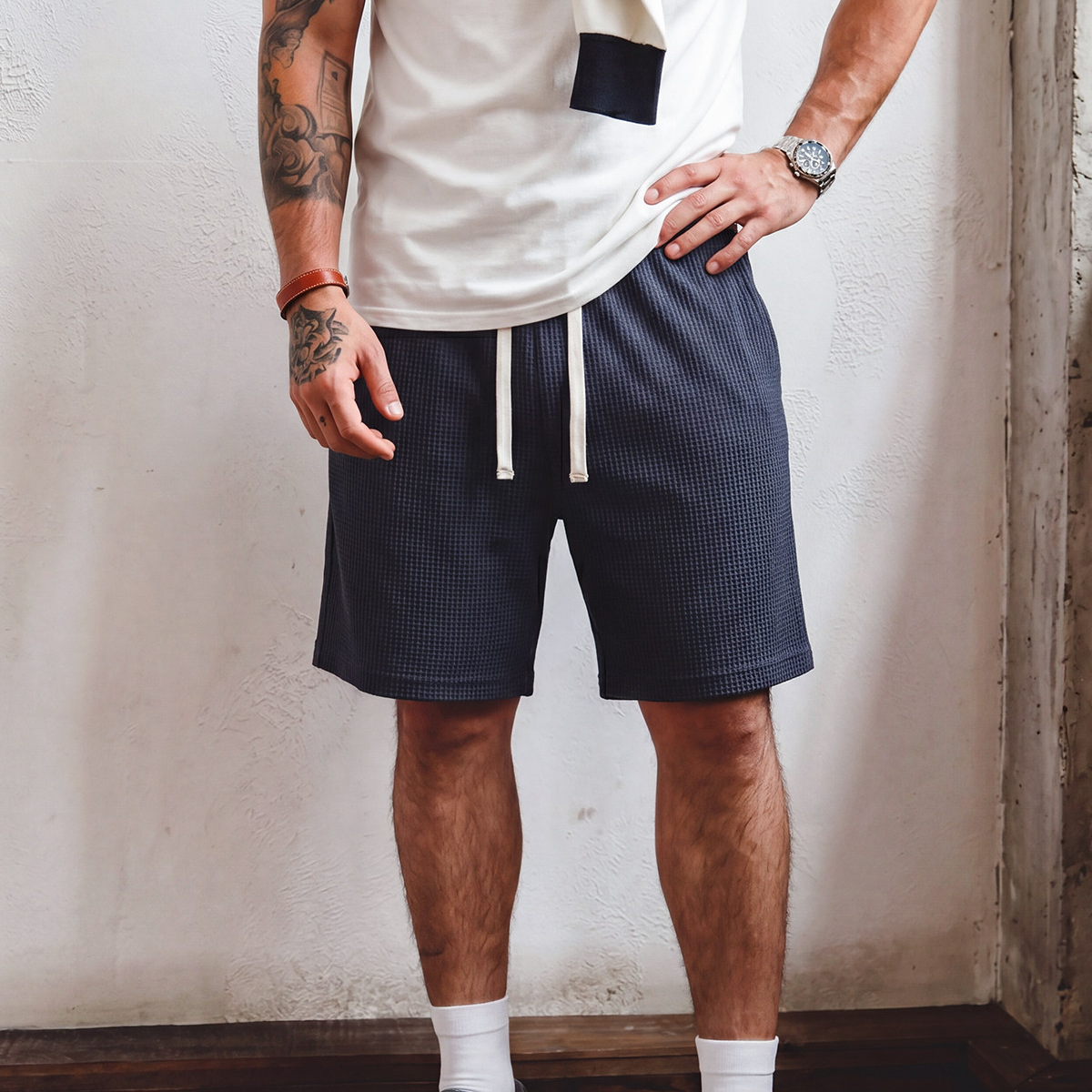 American Retro Style 230g Waffle Casual Shorts Men's Loose Straight Leg Sports Drawstring Five-Point Pants