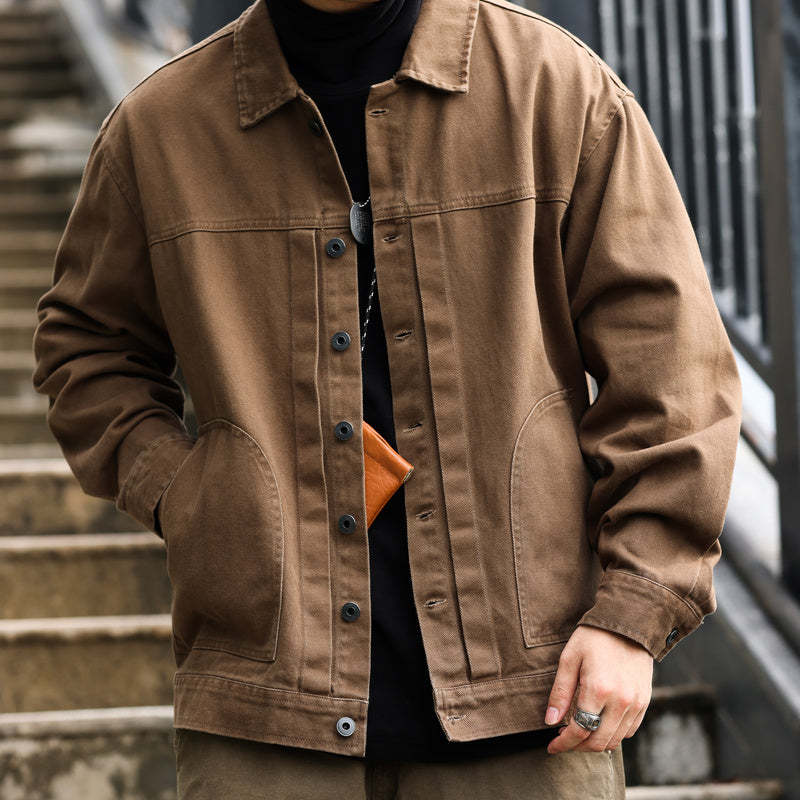 美式格雷系碳素磨毛復古夾克男士寬鬆休閒重磅翻領工裝外套-Retro's Wear