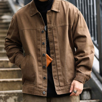 美式格雷系碳素磨毛復古夾克男士寬鬆休閒重磅翻領工裝外套-Retro's Wear