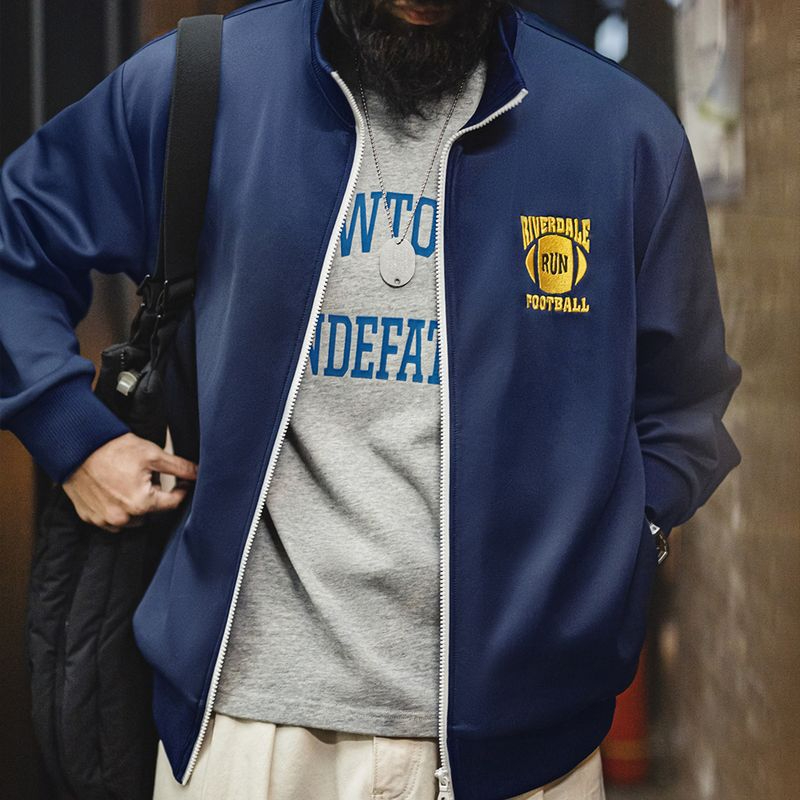 美式休閒學院風撞色刺繡夾克空氣層立領寬鬆開衫衛衣男春