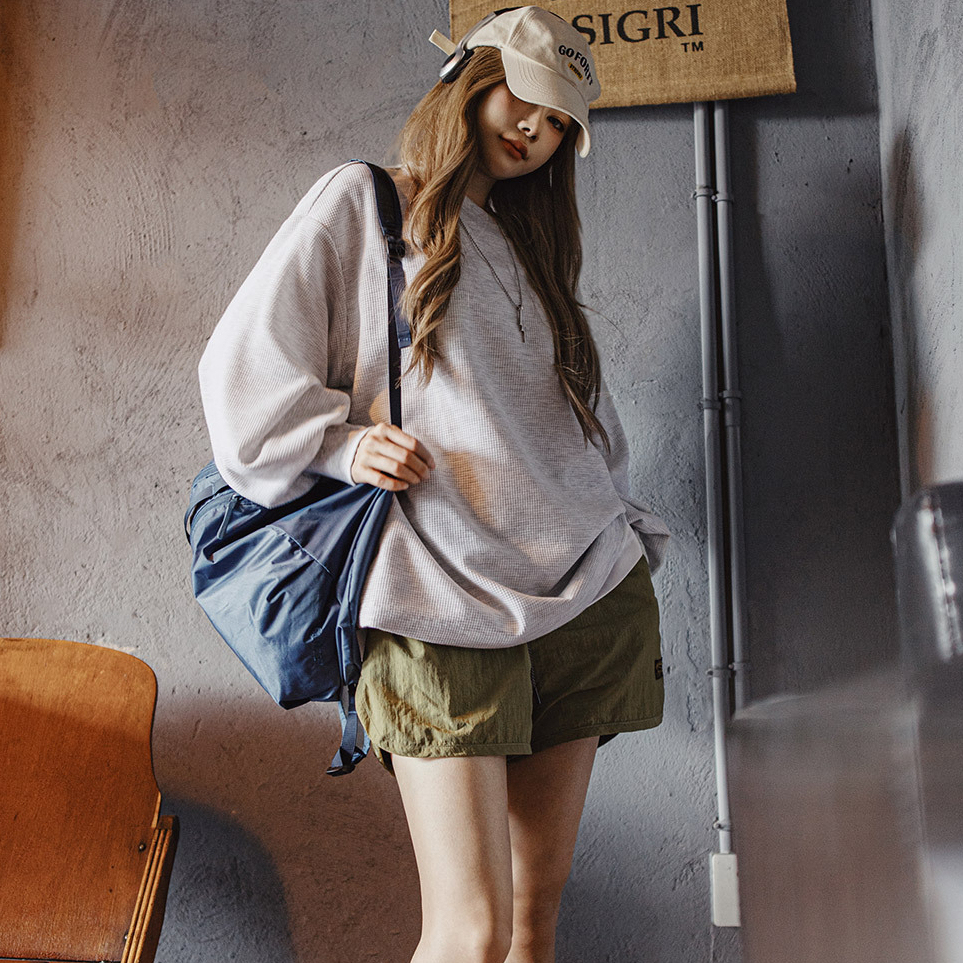 華夫格燈籠袖長袖t恤衛衣寬鬆外穿套頭落肩圓領上衣秋款女