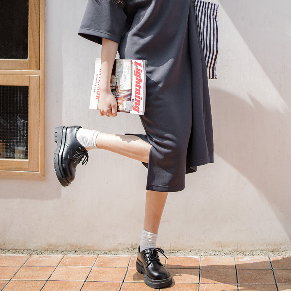 復古百搭德比鞋女春季黑色英倫風厚底增高小皮鞋休閒工裝鞋-Retro's Wear