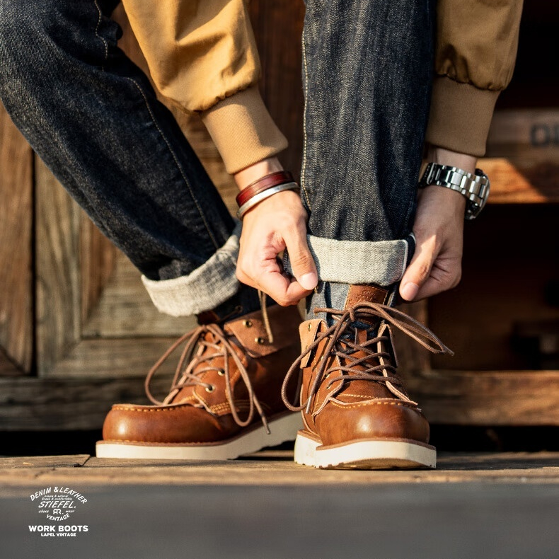 翻領復古工裝靴男靴冬季英倫風牛仔高幫皮靴子百搭短靴馬丁靴-Retro's Wear